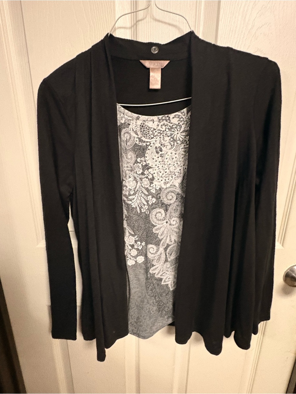 White Stag Black Open-Front Cardigan with Patterned Insert
